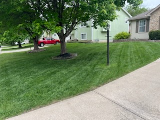 Freshly cut and edged lawn in front of a home